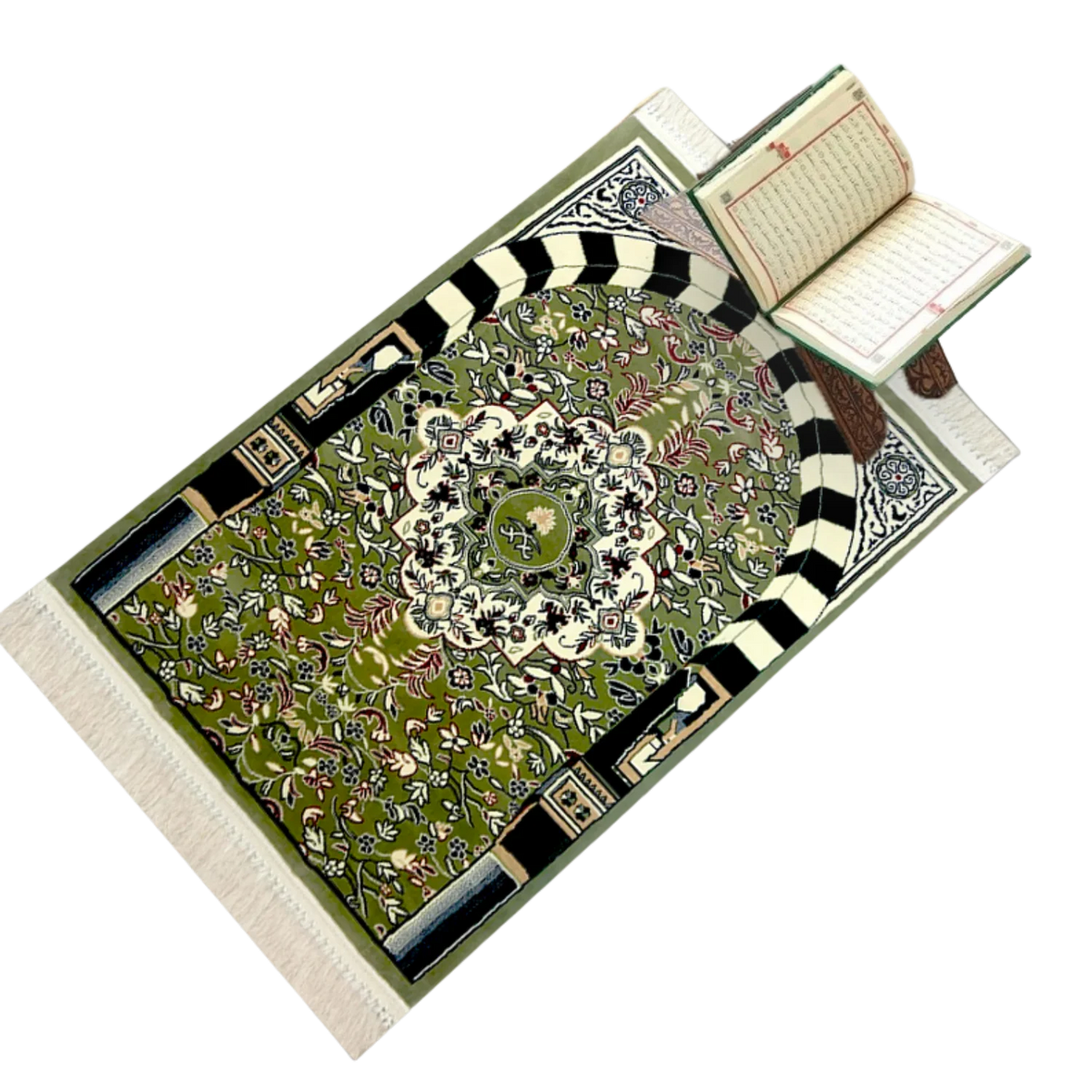 Tapis de prière vert en velours luxe Nusuki Riyadh Al Salihyen, design élégant et confortable pour la prière.