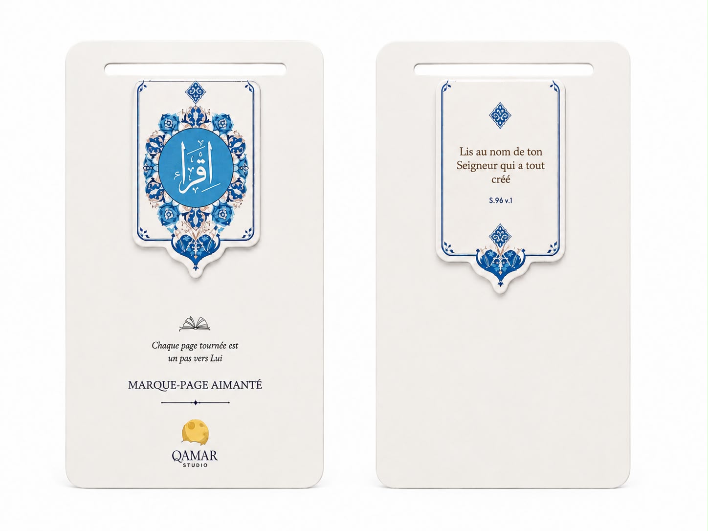 Pack de 4 marque-pages aimantés islamiques Qamar Studio, décorés avec motifs religieux, pour marquer vos livres.