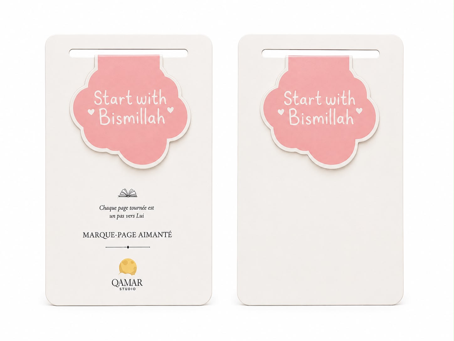Marque-page aimanté Qamar Studio "Start with Bismillah" avec motif islamique, illustré en couleur sur fond blanc.