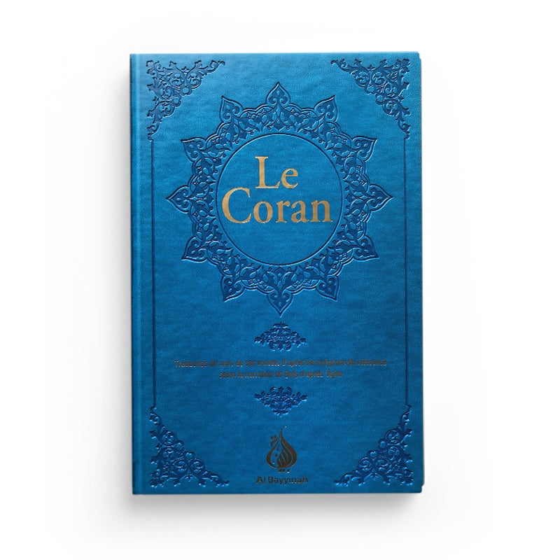 Coran Al Bayyinah en format moyen avec traduction arabe-français, couverture bleu nuit, édition de référence Rachid Maach, style Hafs.