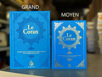 Coran Al Bayyinah en format moyen, traduction AR/FR selon Rachid Maach, fond bleu nuit, édition de référence.