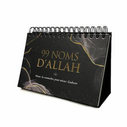 Livre Al-Hadith "99 Noms d'Allah" avec calendrier chevalet noir, mieux connaître et adorer Allah, couverture avec titre visible.