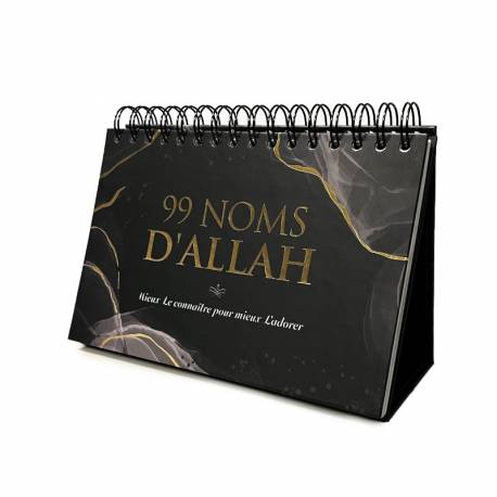Livre Al-Hadith "99 Noms d'Allah" avec calendrier chevalet noir, mieux connaître et adorer Allah, couverture avec titre visible.