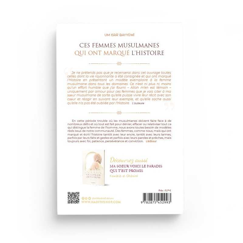 Livre "Ces Femmes Musulmanes Qui Ont Marqué l’Histoire" d'Um Isrâ’ Bayyûmî, édition Al-Hadith, couverture avec titre et design.