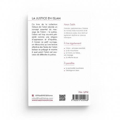 Al-Hadith book titled "La Justice en Islam - Valeurs de l'Islam" by Amin Salih, featuring cover with Arabic calligraphy and Islamic art.