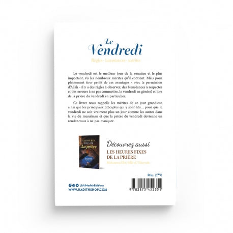 Livre "Le Vendredi, Règles et Bienséances" de Khâlid Abû Sâlih, Éditions Al-Hadith, couverture avec titre et logo de la maison d'édition.