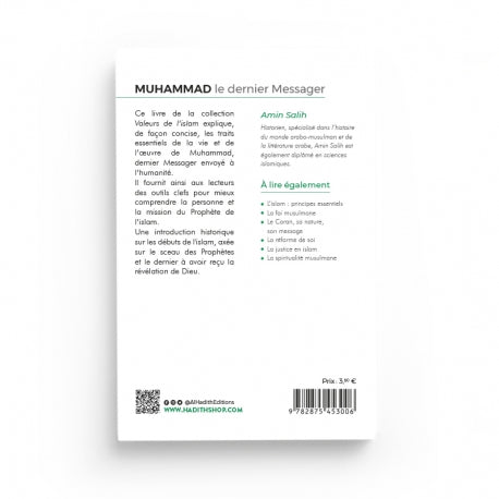 Livre Muhammad, le Dernier Messager d'Amin Salih, collection Les Valeurs de l'Islam, édité par Al-Hadith, couverture avec titre et illustration.