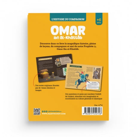 Livre enfant L'Histoire du Compagnon Omar Ibn Al-Khattâb par Al-Hadith, couverture avec titre et illustrations colorées