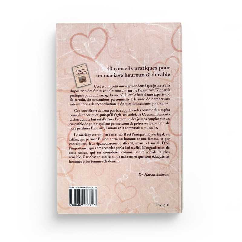 Livre d'Al Imen intitulé "40 Conseils Pratiques pour un Mariage Heureux et Durable" par Hassan Amdouni, couverture avec titre visible.