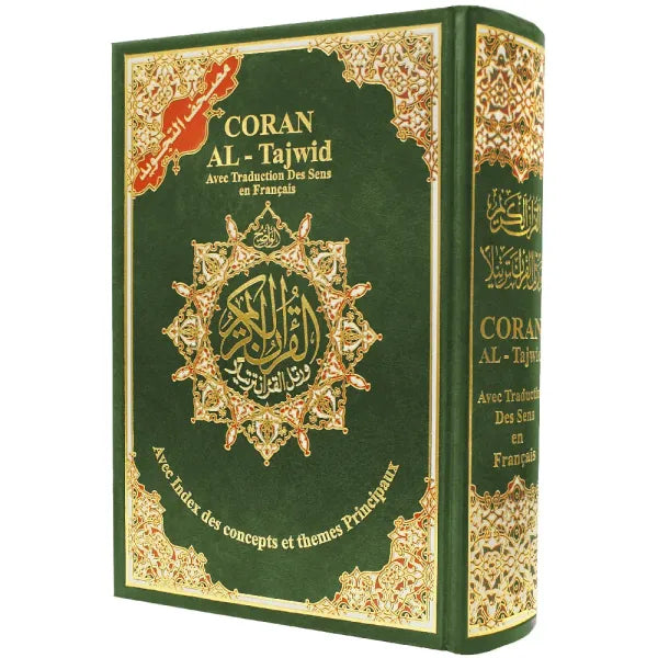 Coran Tajwid Hafs en arabe, français et phonétique, par Al Marifa, affiché avec couverture et pages visibles.