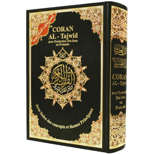 Coran Tajwid Hafs en arabe, français et phonétique, édition Al Marifa, affiché avec couverture et pages ouvertes.