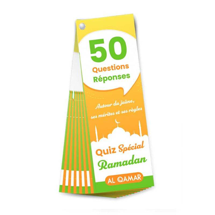 Jeu éducatif Quiz Spécial Ramadan Al Qamar avec 50 questions et réponses, illustré avec des éléments liés au Ramadan.