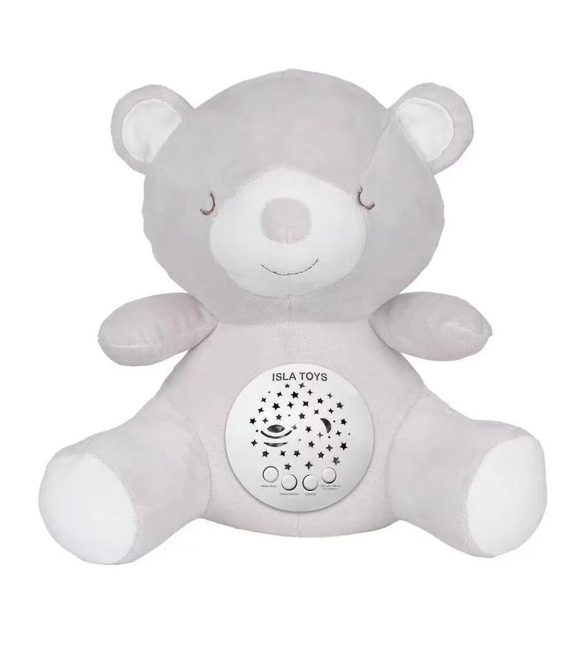 Ourson veilleuse coranique Amin de ISLATOYS, jouet électronique pour enfants avec détecteur de pleurs, gris, doux et ludique.