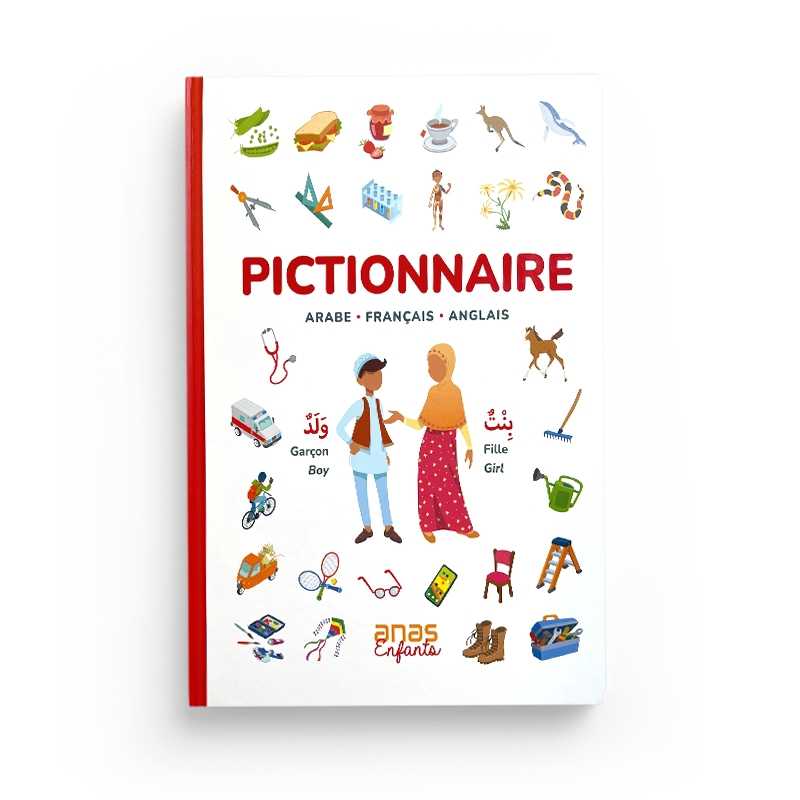 Livre pour enfants Pictionnaire Arabe Français Anglais par Anas Édition, couverture avec titre coloré et illustrations éducatives.