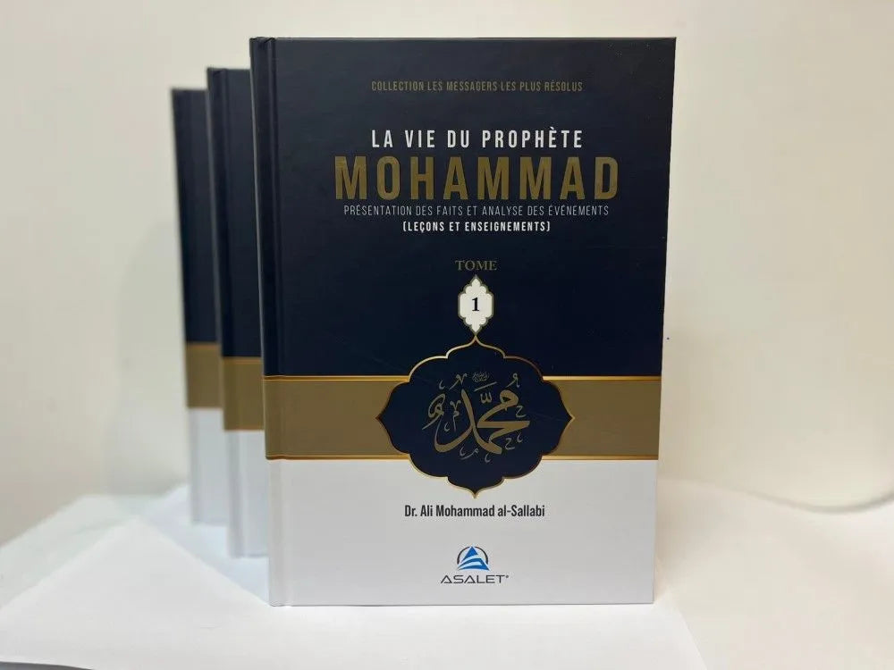 Livre en trois tomes "La vie du Prophète Mohammad" d'Ali Mohammad al-Sallabi, publié par Asalet Édition, couverture avec texte et illustrations.