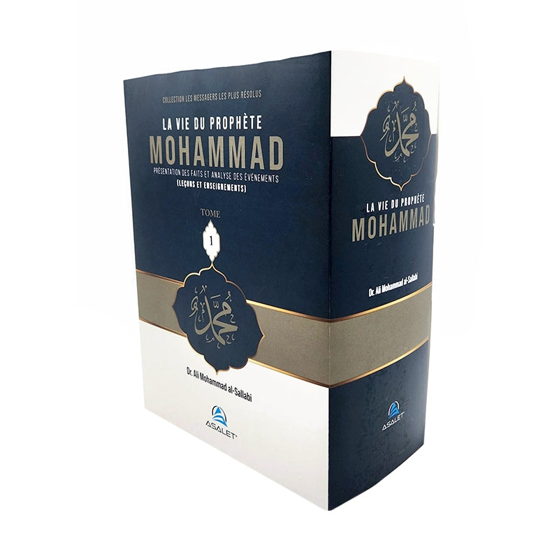 Livres "La vie du Prophète Mohammad" en 3 tomes d'Ali Mohammad al-Sallabi, édition Asalet, visibles avec couvertures colorées et titres.