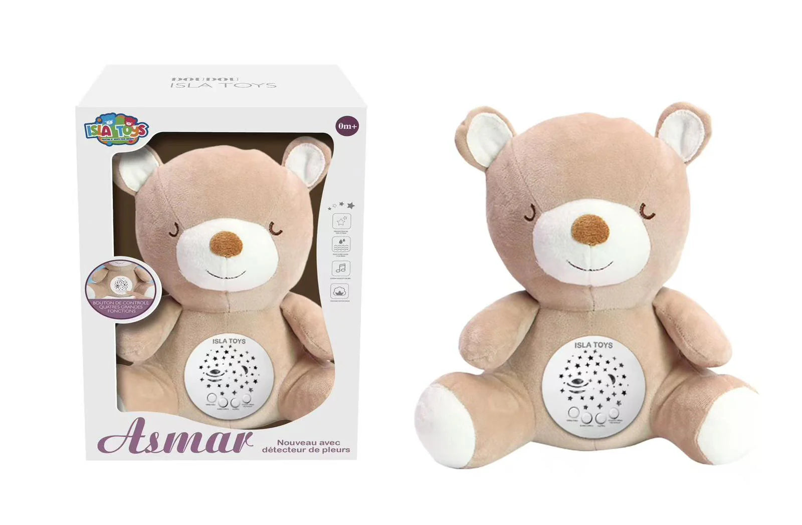Ourson veilleuse Coranique Asmar beige de ISLATOYS, jouet électronique pour enfants avec détecteur de pleurs et design doux.
