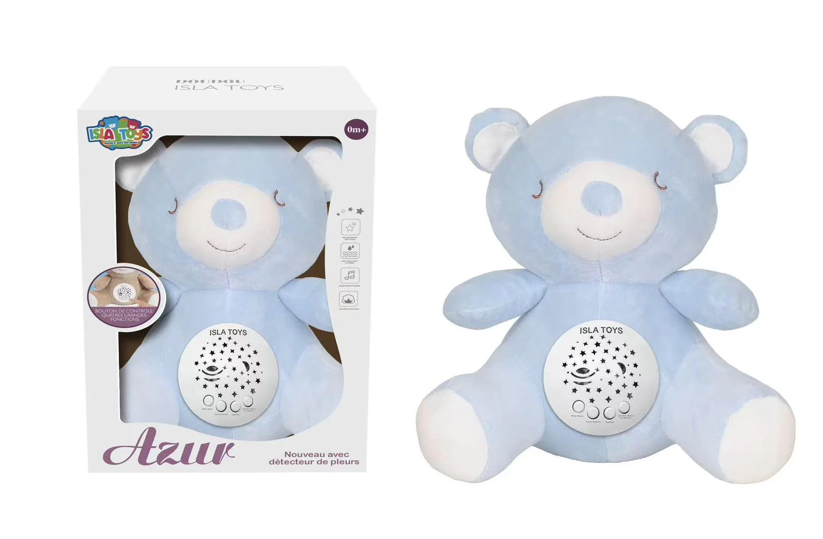 Ourson veilleuse coranique azur pour enfant, jouet électronique avec détecteur de pleurs, en plastique bleu.