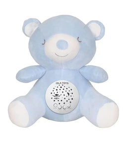 Ourson veilleuse coranique azur de la marque ISLATOYS, jouet électronique pour enfant, avec détecteur de pleurs bleus.
