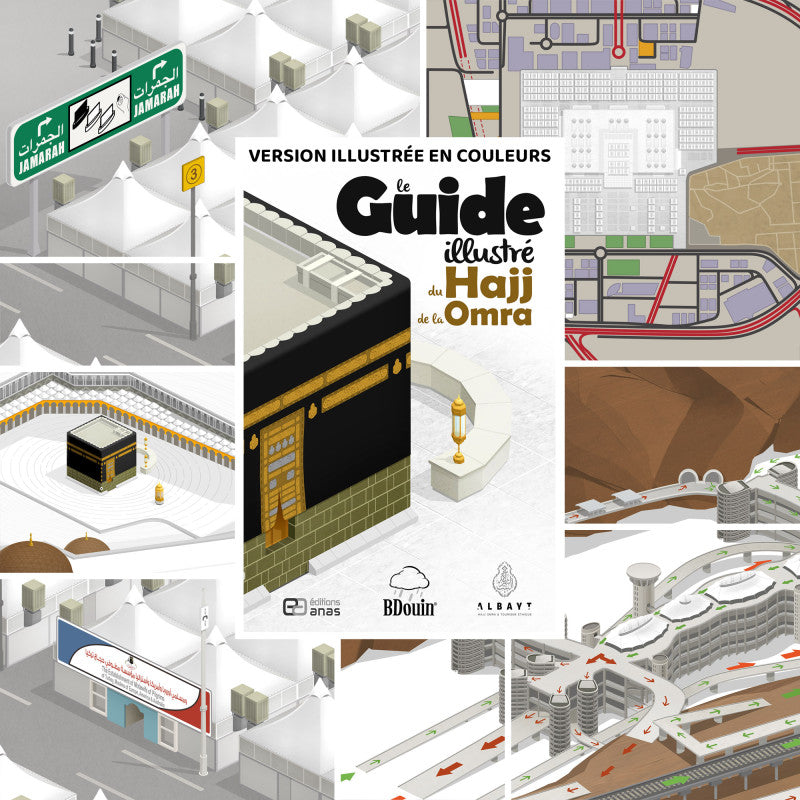 Livre illustré du Guide du Hajj et de la 'Umra par Bdouin, avec couverture colorée et titre visible.