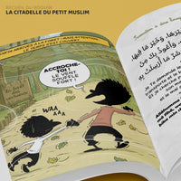 Children's book titled La Citadelle du Petit Muslim by Bdouin, featuring French, Arabic, and phonetic text for young readers.