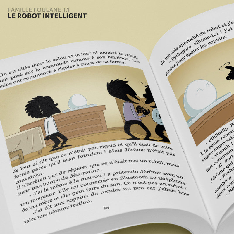 Livre enfant La Famille Foulane Tome 1 Le Robot Intelligent de Bdouin, couverture avec personnages et robots colorés.