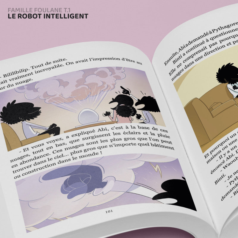 Livre enfant La Famille Foulane Tome 1, Bdouin, illustré d’un robot intelligent et de personnages colorés, pour jeunes lecteurs.