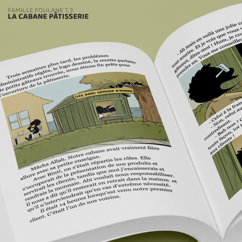 Children's book titled La Famille Foulane Tome 3 La Cabane Pâtisserie by Bdouin, featuring colorful cover art with characters and a cozy setting.