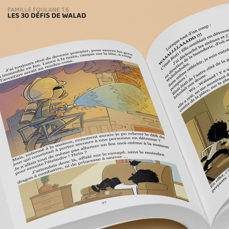 Livre enfant La Famille Foulane Tome 6 Les 30 défis de Walad par Norédine Allam, édité par Bdouin, couverture illustrée colorée.