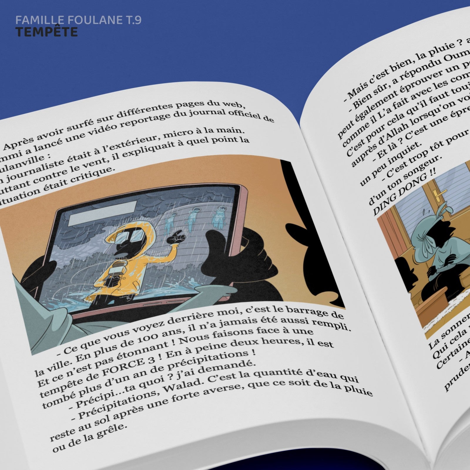 Livre enfant La Famille Foulane Tome 9 Tempête de Bdouin, couverture illustrée avec personnages et scènes de tempête.