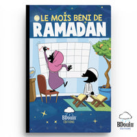 Livre pour enfants "Le Mois Béni du Ramadan" par Bdouin, couverture avec illustrations religieuses et calligraphie arabe.