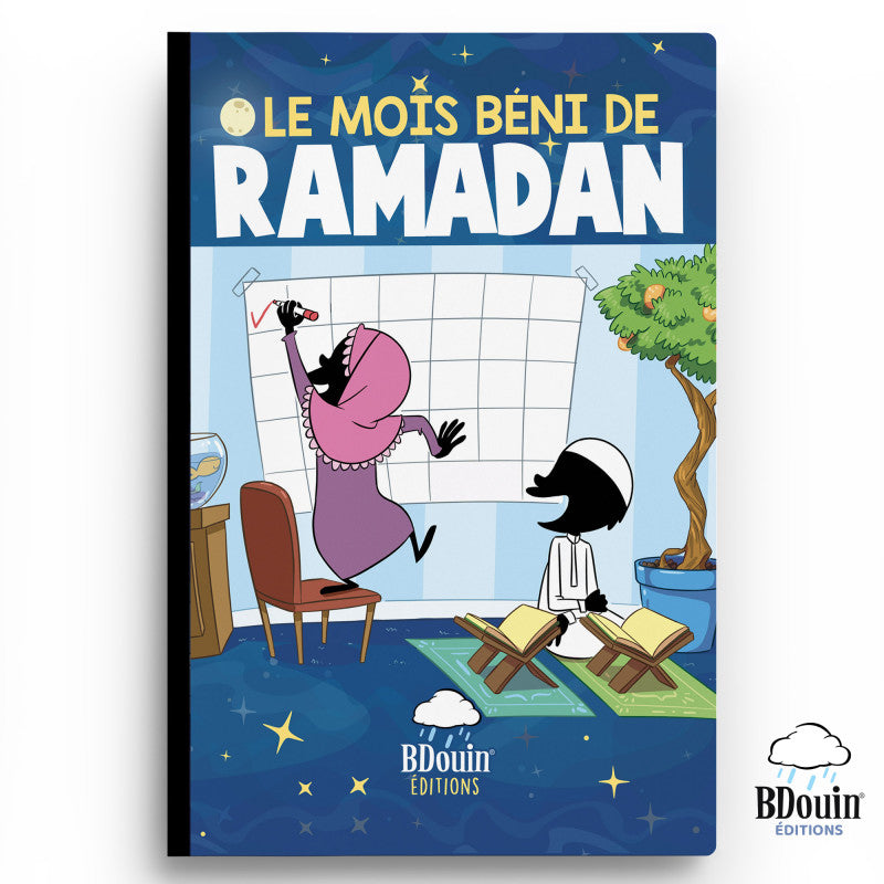 Livre pour enfants "Le Mois Béni du Ramadan" par Bdouin, couverture avec illustrations religieuses et calligraphie arabe.
