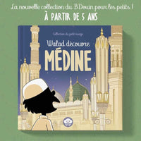 Children's book titled Walad Découvre Médine by Bdouin, featuring colorful illustrations of a young boy exploring Médine.