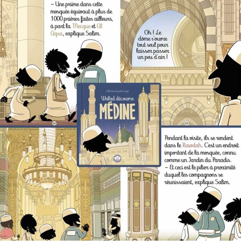 Children's book titled "Walad Découvre Médine" by Bdouin, featuring colorful illustrations of a child exploring Medina.