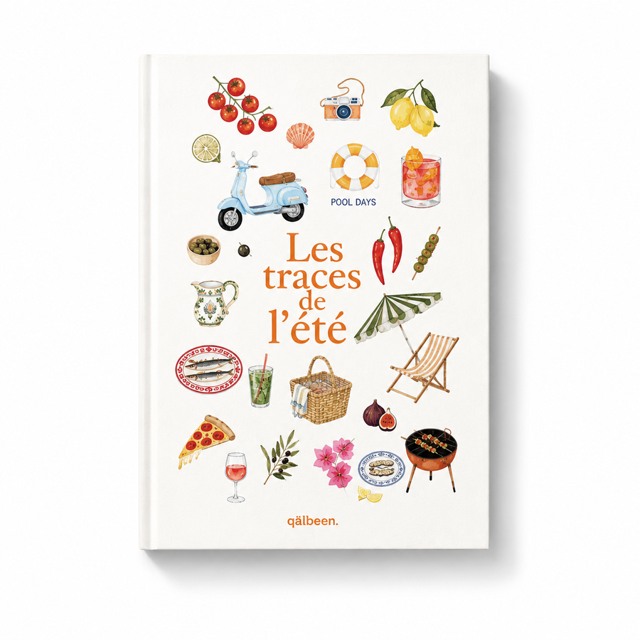 Couverture recto du carnet Les Traces De L’Été de Qalbeen avec activités, jeux et journaling
