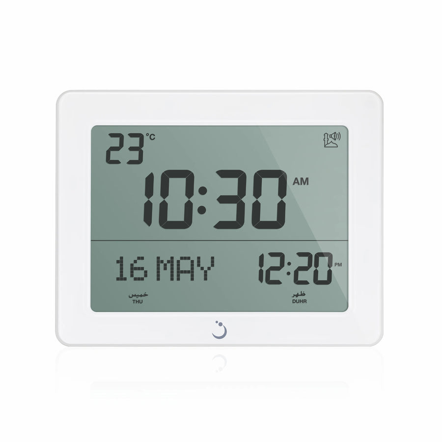 Horloge de bureau Al Fajr avec appel à la prière, appareil électronique blanc, affichage numérique, design moderne et fonction pratique