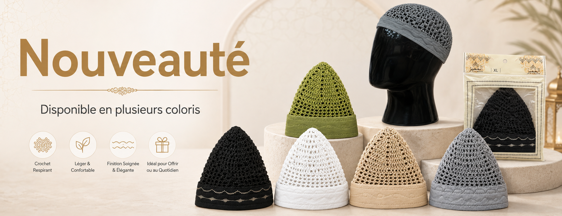 Chéchias égyptiennes artisanales pour homme, bonnets musulmans légers en crochet respirant