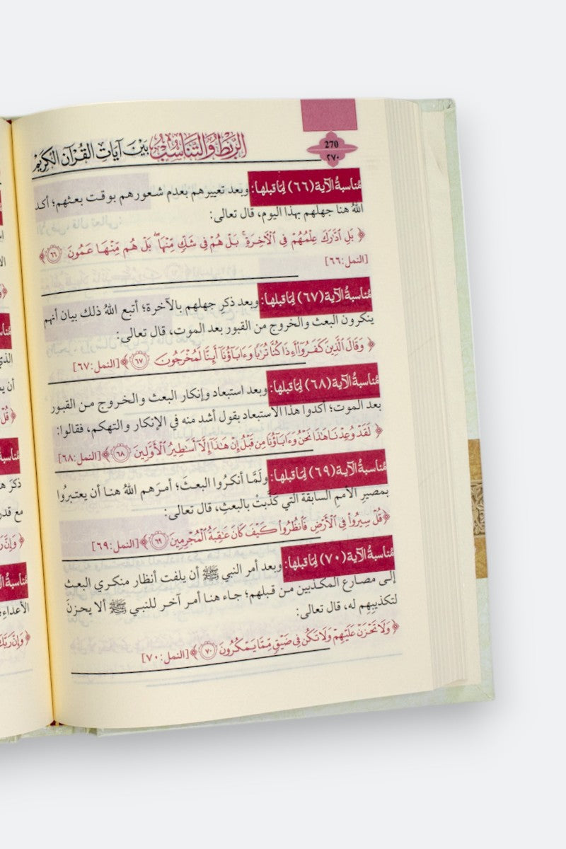 Livre AR "Connexion entre versets du Coran" de Mohamed El Sayed Madi, 3 volumes, couverture avec motifs arabes traditionnels.