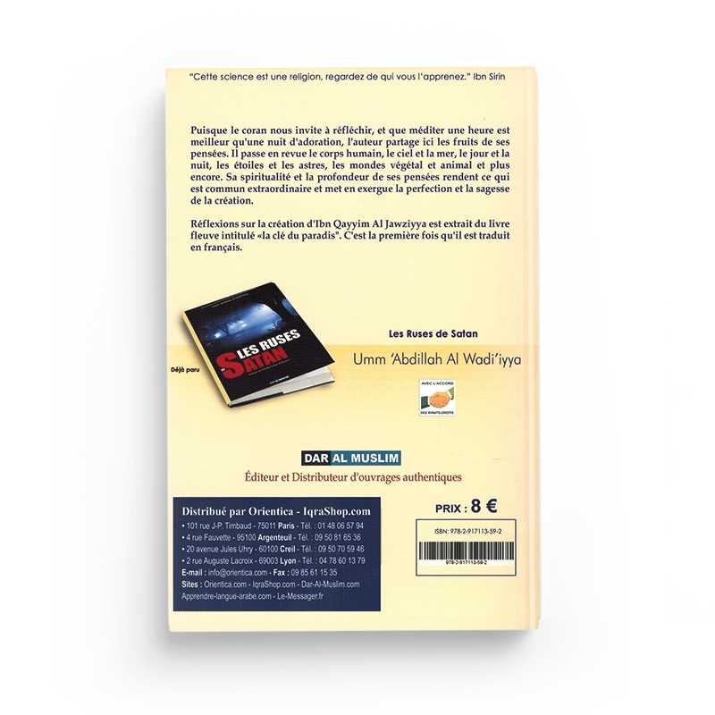 Livre "Réflexions sur la Création" d'Ibn Qayyim Al-Jawziyya, édition Dar Al Muslim, couverture avec titre et design classique.