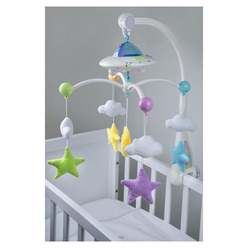 Mobile bébé coranique lumineux « Lune Étoiles » de Desi Doll, jeu électronique avec télécommande, décor bébé apaisant et éducatif.