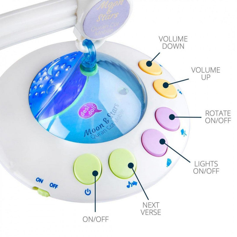 Mobile bébé coranique lumineux avec lune et étoiles, télécommandé, pour enfants, marque Desi Doll, jeu électronique éducatif.