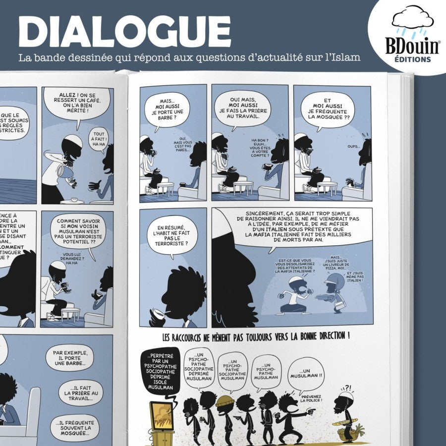 Livre Dialogue – La BD Qui Répond Aux Questions Sur L’Islam de Bdouin, couverture illustrée avec personnages en discussion.
