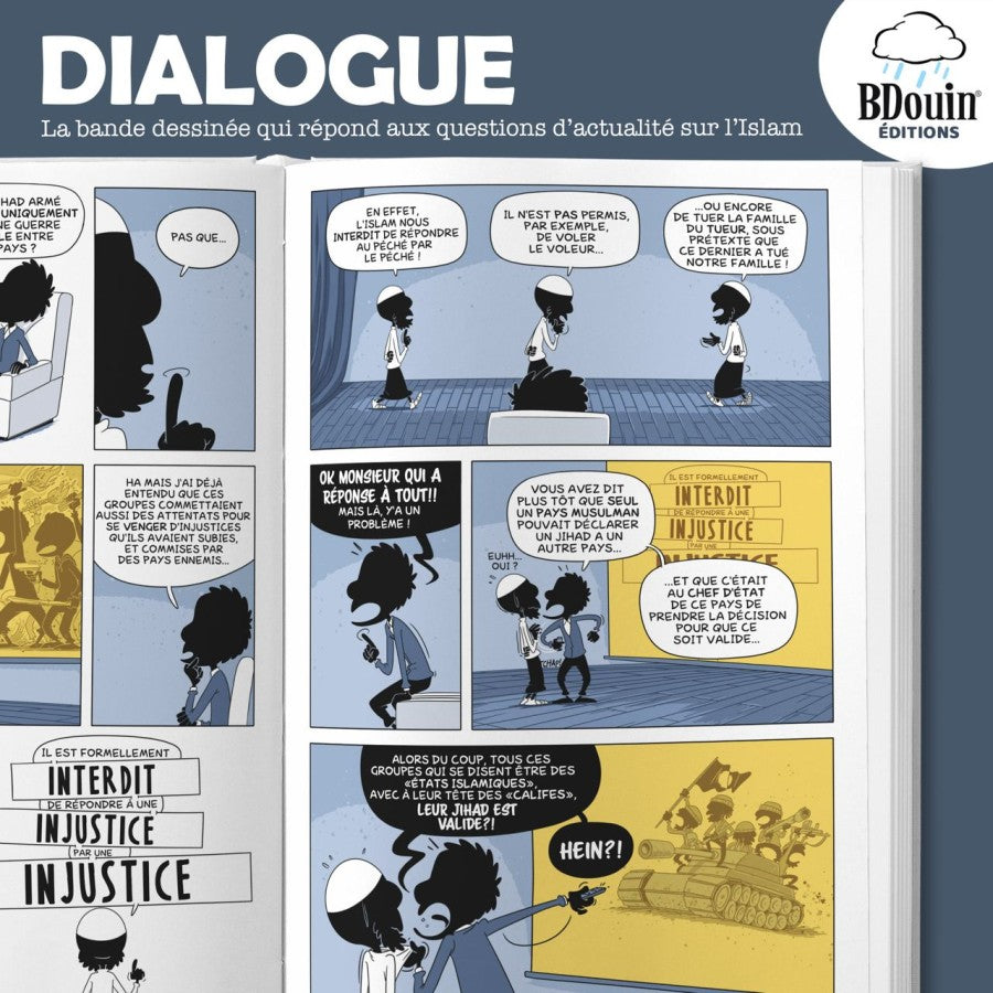 Livre Dialogue – La BD Qui Répond Aux Questions Sur L’Islam, illustré, avec des dessins éducatifs sur la religion islamique.