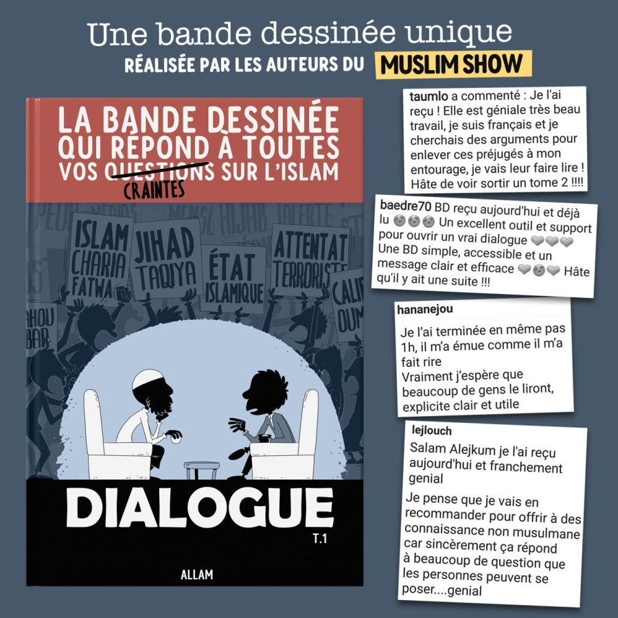 Livre Dialogue de Bdouin, BD éducative répondant aux questions et craintes sur l’islam, illustrée et informative.