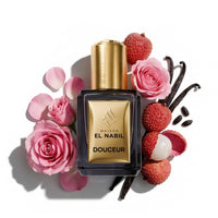Parfum Nabil Roll-On Douceur 5ml, flacon en verre avec applicateur à bille, parfum floral fruité aux notes ambrées.