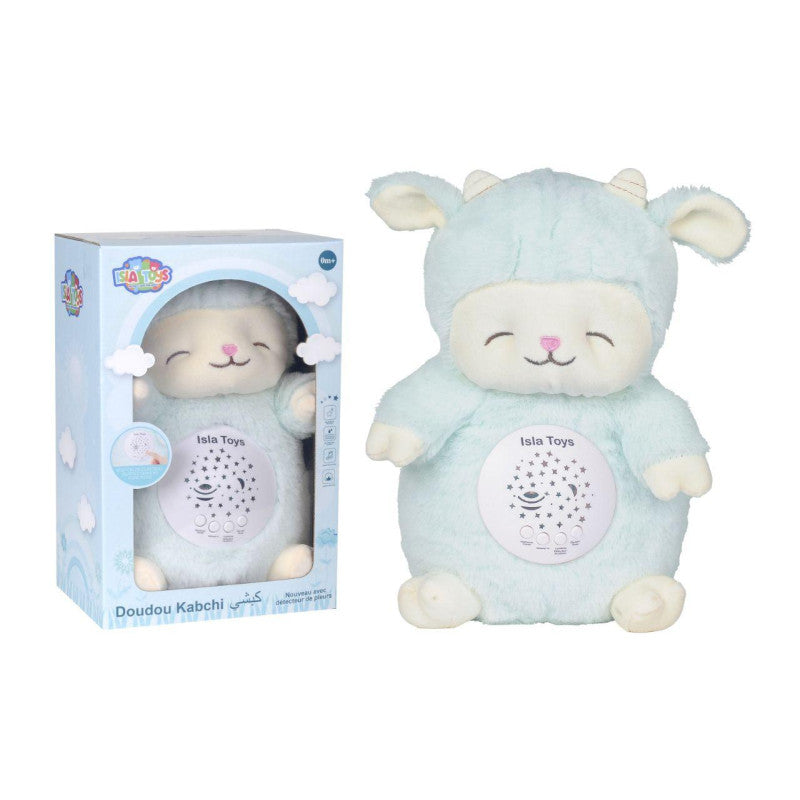 Doudou Kabchi Coranique Veilleuse bébé ISLATOYS, mouton bleu avec détecteur de pleurs, jouet électronique pour enfant musulman.