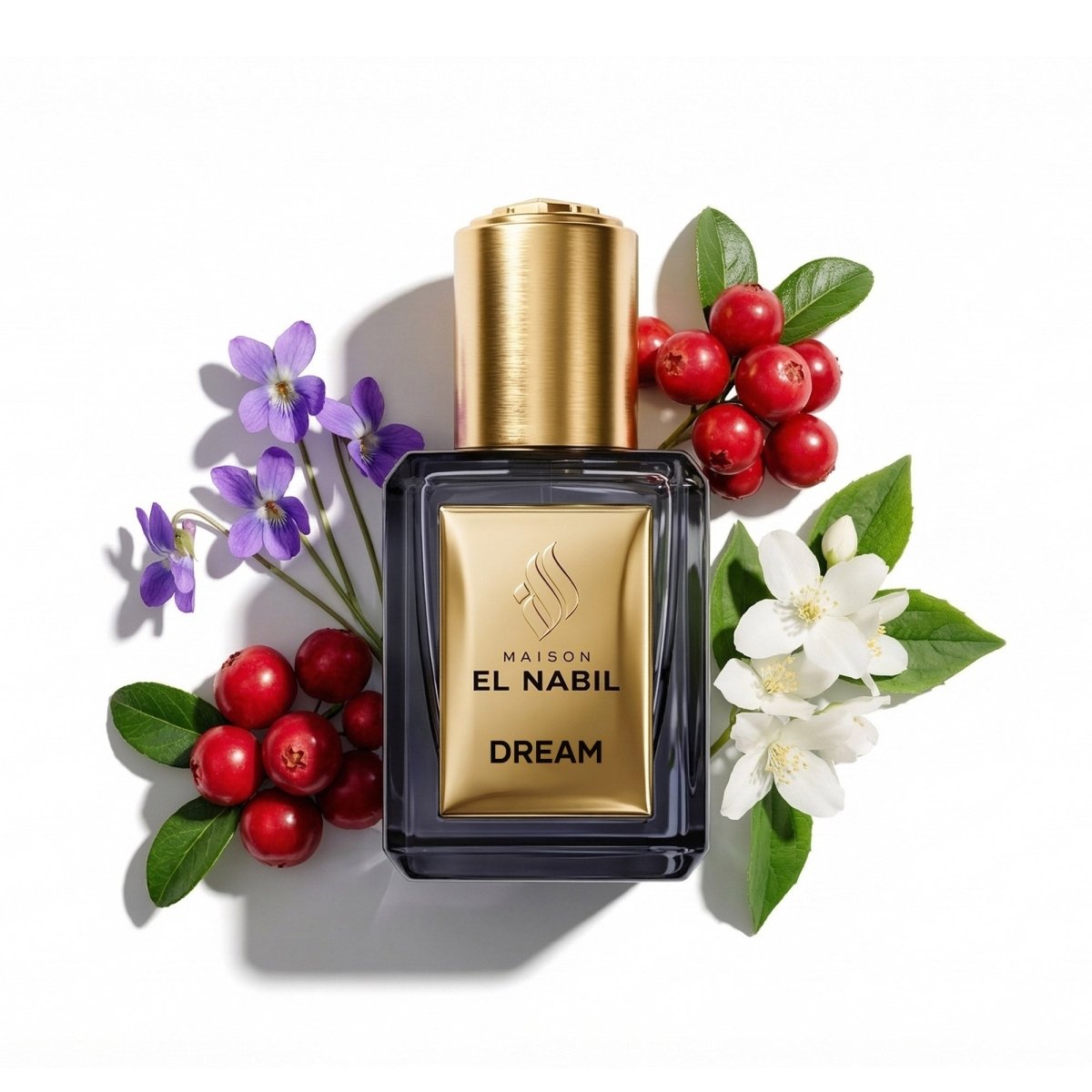 Parfum Nabil Roll-On Dream 5ml, flacon en verre avec applicateur à bille, parfum fruité floral aux baies rouges, violette et jasmin.