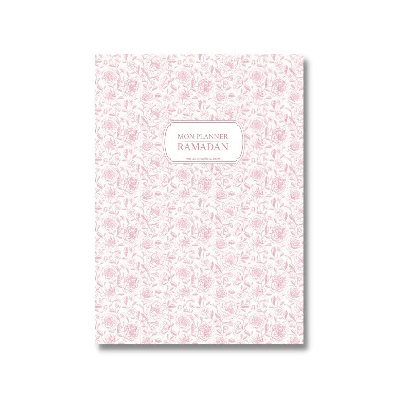 Livre Mon Planner Religieux par Éditions Al Imam, couverture rose avec illustrations religieuses, conçu pour la planification spirituelle.