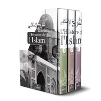 Livre L'Histoire de l'Islam en 3 volumes, édition Assia, couverture avec titre en arabe et français, livre d'histoire islamique