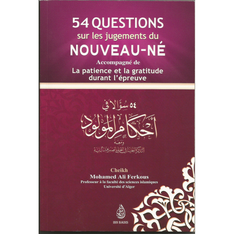 Livre "54 questions sur les jugements du nouveau-né" par Mohamed Ali Ferkous, édition Ibn Badis, couverture avec titre visible.